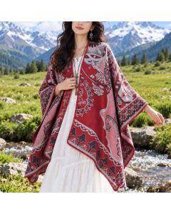 Buddha Stones Fall Winter Vintage Garden Floral Geometric Border Women's Shawl - Firebrick / 130*150cm