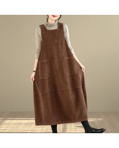 Buddha Stones Fall Winter Vintage Plain Solid Scoop Neck Women's Winter Sleeveless Dress With Pockets - SaddleBrown / US6，UK/AU10，EU38 (XL)