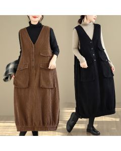Buddha Stones Fall Winter Vintage Retro Button-Up Solid Corduroy Women's Winter Sleeveless Dress With Pockets - Sienna / US6，UK/AU10，EU38 (XL)