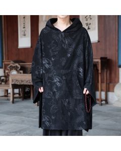 Buddha Stones Fall Winter Vintage Tang Style Corduroy Men's Long Sleeve Hoodie With Pocket - Black / US/UK/AU38，EU48 (M)