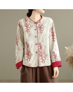 Buddha Stones Fall Winter Vintage Tang Style Embroidery Frog Button Floral Reversible Design Cropped Women's Jacket - Linen / US4, UK/AU8, EU36 (L)