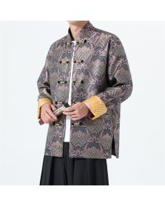 Buddha Stones Fall Winter Vintage Tang Style Frog Button Abstract Ocean Pattern Design Spandex Men's Jacket With Pockets - Thistle / US/UK/AU36，EU46 (L)