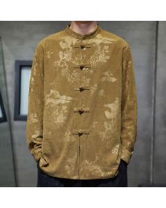 Buddha Stones Fall Winter Vintage Tang Style Frog Button Floral Men's Jackets With Pocket - Goldenrod / US/UK/AU36，EU46 (L)
