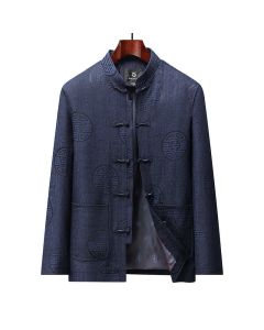 Buddha Stones Fall Winter Vintage Tang Style Frog Button Geometric Men's Jackets With Pocket - Navy / US/UK/AU36，EU46 (L)