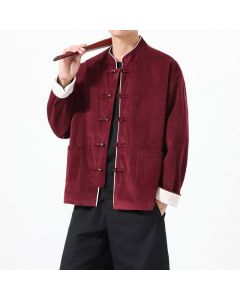 Buddha Stones Fall Winter Vintage Tang Style Frog Button Solid Corduroy Men's Jackets With Pockets - Maroon / US/UK/AU36，EU46 (L)