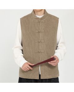 Buddha Stones Fall Winter Vintage Tang Style Frog Button Solid Corduroy Tank Top Style Men's Vests With Pocket - BurlyWood / US/UK/AU36，EU46 (L)