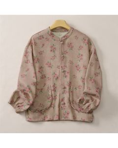 Buddha Stones Fall Winter Vintage Tang Style Mandarin Collar Floral Women's Jacket With Pocket - PaleVioletRed / US4, UK/AU8, EU36 (L)