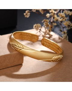 Buddha Stones Feather Heart Sutra Engraved Pattern Wealth Copper Cuff Bracelet Bangle - Silver Feather