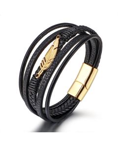 Buddha Stones Feather Pattern Multilayer Leather Titanium Steel Calm Braided Magnetic Buckle Bracelet - Black 21.5cm