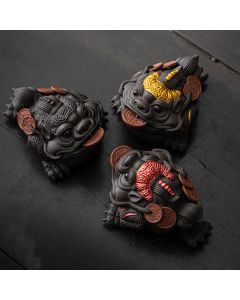 Buddha Stones Feng Shui Frog Toad Copper Coins Ceramic Purple Clay Wealth Home Tea Pet Figurine Decoration - Brown Toad 11*8*6.3cm