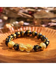 Buddha Stones FengShui PiXiu Obsidian Wealth Bracelet - 14mm