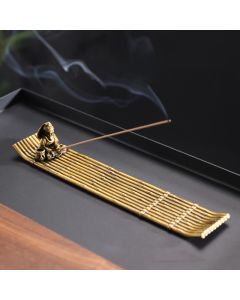 Buddha Stones Fisherman Bamboo Fishing Boat Alloy Incense Stick Holder Healing Incense Burner Decoration - 25*4.6*4cm