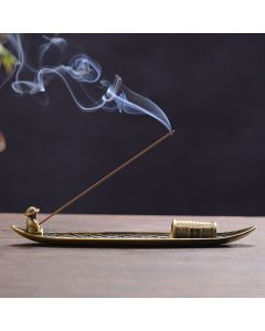 Buddha Stones Fisherman Boat Alloy Incense Stick Holder Healing Incense Burner Decoration - 22.5*4.2*3.5cm