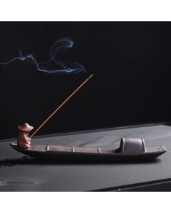Buddha Stones Fisherman Boat Purple Clay Peace Healing Ceramic Stick Incense Burner Decoration - 24.4*4*5.4cm