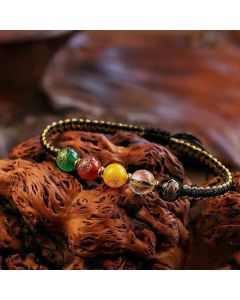 Buddha Stones Five Directions Gods of Wealth Agate Handmade Protection String Braid Bracelet - Red Gold Rope(Wrist Circumference 14-16cm)