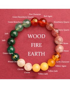 Buddha Stones Five Elements Various Agate Crystal Green Strawberry Quartz Sun Stone Wealth Bracelet - Gold Water Wood(Wrist Circumference: 14-16cm) / 12mm
