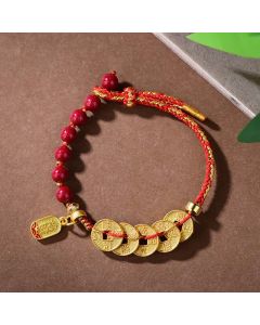 Buddha Stones Five-Emperor Coins Copper Amethyst Cinnabar Black Red String Balance Attract Fortune Bracelet - Copper Cinnabar Black Rope(Wrist Circumference: 16-19cm)