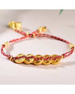 Buddha Stones Five-Emperor Coins Copper Balance Hand-Woven String Bracelet - Brown Five Emperors Coins(Wrist Circumference: 16-19cm)