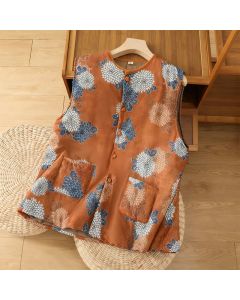 Buddha Stones Floral Prints Buttons Women's Sleeveless Cotton Vest Waistcoat With Pockets - Chocolate / US4，UK/AU8，EU36 (F)