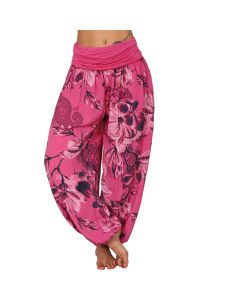 Buddha Stones Flower Leaves Pattern Loose Harem Trousers Women's Yoga Pants - Rose Red / US4，UK/AU8，EU36 (S)