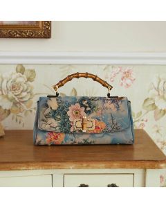 Buddha Stones Flower Pattern Bamboo Handle Metal Chain Crossbody Bag Handbags - Light Blue 29*14*7cm