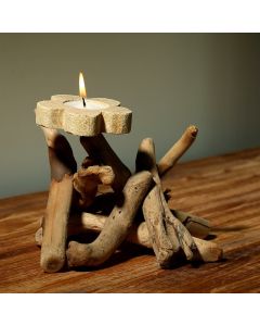 Buddha Stones Flower Pattern Wood Candlestick Home Candle Holder Decoration - 16*14*13cm