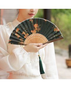 Buddha Stones Flower Persimmon Bamboo Leaves Xiangyunsha Silk Handheld Bamboo Folding Fan - Bamboo Leaf 21cm
