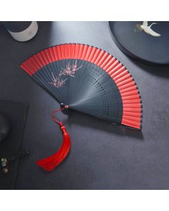 Buddha Stones Flower Rabbit Spray Painting Handheld Cotton Linen Fabric Bamboo Folding Fan - Black With Red 21cm