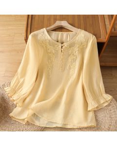 Buddha Stones Flower Vines Embroidery Button Crew Neck Three Quarter Sleeve Women's Shirt - LightBlue / US12，UK/AU16，EU44 (2XL)