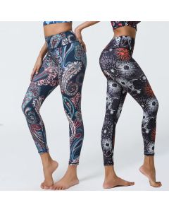 Buddha Stones Flowers Feathers Sun Moon Print Sports Fitness Yoga High Waist Leggings Women's Pants - Red Dark Blue Pattern / Model: 85/63/94cm--S(178cm)