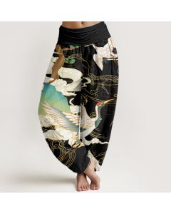 Buddha Stones Cotton Flying Cranes Auspicious Clouds Tree women's Elastic Waist Harem Pants - CadetBlue / US22，UK/AU26，EU54 (6XL)