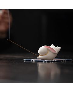Buddha Stones Flying Rabbit Bamboo Mat Healing Ceramic Incense Burner Desk Decoration - White Rabbit  7.6*3.7*4.5cm