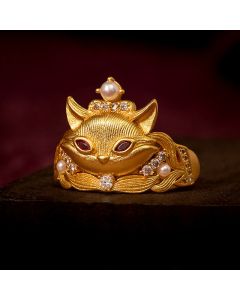Buddha Stones Fox Head Design 24k Gold Plated Brass Adjustable Ring - Adjustable