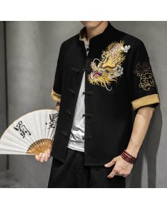 Buddha Stones Frog-Button Chinese Dragon Auspicious Cloud Embroidery Half Sleeve Shirt Cotton Linen Men Clothing - Black / US/UK/AU32，EU42 (M)