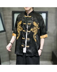 Buddha Stones Frog-Button Chinese Dragon Embroidery Half Sleeve Shirt Linen Men Clothing - Black / US/UK/AU36，EU46(M)