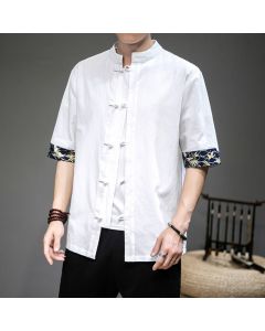 Buddha Stones Frog-Button Chinese Tang Suit Half Sleeve Crane Shirt Linen Men Clothing - White / US/UK/AU34，EU44 (M)