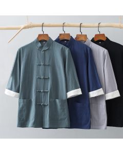 Buddha Stones Frog-Button Chinese Tang Suit Half Sleeve Shirt Cotton Men Clothing With Pockets - Navy Blue / US/UK/AU44，EU54 (4XL)