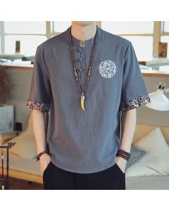 Buddha Stones Frog-Button Dragon Embroidery Chinese Tang Suit Short Sleeve Shirt Men Clothing - SteelBlue / US/UK/AU46，EU56 (5XL)