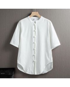 Buddha Stones Frog-Button Plain Chinese Tang Suit Short Sleeve Shirt Cotton Linen Men Clothing - White / US/UK/AU34，EU44 (M)