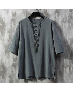 Buddha Stones Frog-Button Plain Color Chinese Tang Suit Half Sleeve Shirt Men Clothing - Black / US/UK/AU46，EU56 (5XL)