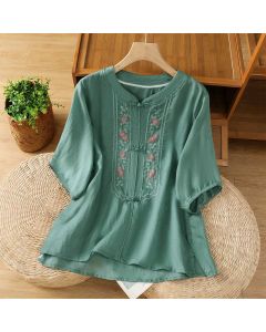 Buddha Stones Frog-button Stand Collar Embroidered Flower Elastic Cuff Three Quarter Sleeve Women's Shirt - DarkRed / US8-10，UK/AU12-14，EU40-42 (2XL)