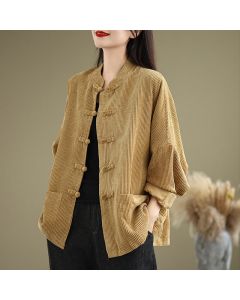 Buddha Stones Frog-button Stand Collar Women's Corduroy Jacket - SteelBlue / US14，UK/AU18，EU46 (2XL)