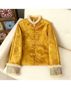 Buddha Stones Frog-Button Traditional Chinese Patterns Women's Long Sleeve Thickened Jacket - YellowGreen / US6，UK/AU10，EU38 (XL)