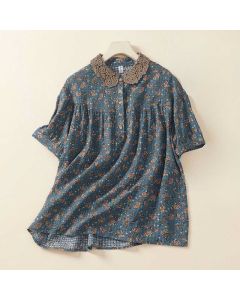 Buddha Stones Front Button Design Floral Print Pattern Women's Cotton Half Sleeve Shirt - CadetBlue / US4，UK/AU8，EU36 (M)