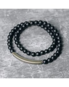 Buddha Stones Frosted Cut Surface Black Onyx Copper Brass Double Wrap Protection Bracelet - Black Onyx Brass(Wrist Circumference: 17-17.6cm)