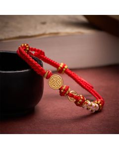Buddha Stones Fu Character Copper Coins Red String Blessing Bracelet - Red String(Wrist Circumference: 15–18 cm)