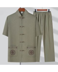 Buddha Stones Fu Character Embroidery Tang Suit Traditional Frog-Button Short Sleeve Top Pants Clothing Men's Set - Dark Blue(Top&Pants) / US/UK/AU42，EU52 (3XL)