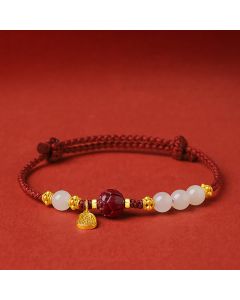 Buddha Stones Fu Character Jade Cinnabar 24K Gold Plated Luck Red String Bracelet - Jade Cinnabar (Wrist Circumference: 15-19cm)