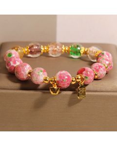 Buddha Stones Fu Character Pink Liuli Luck Bracelet - Liuli(Wrist Circumference 15-16cm)