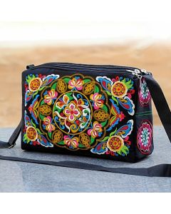 Buddha Stones Galsang Inula Flower Peony Peacock Double-Sided Embroidery Canvas Shopping Purse Handbag Crossbody Bag - Inula Flower